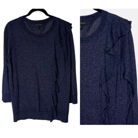 Banana Republic Sweater Women's medium Shine Ruffle Pullover Crewneck Navy Blue - Picture 1 of 16